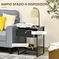 Set 2 Comodini 1 Cassetto 1 Ripiano 45x40x60 cm in Acciaio e Truciolato Nero
