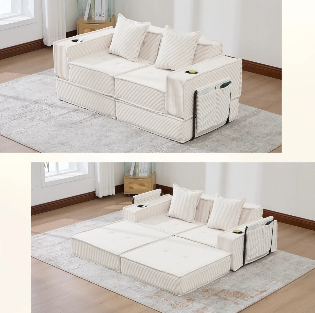 Divano a due posti modulare beige in velluto a coste con tasche laterali e due morbidi cuscini