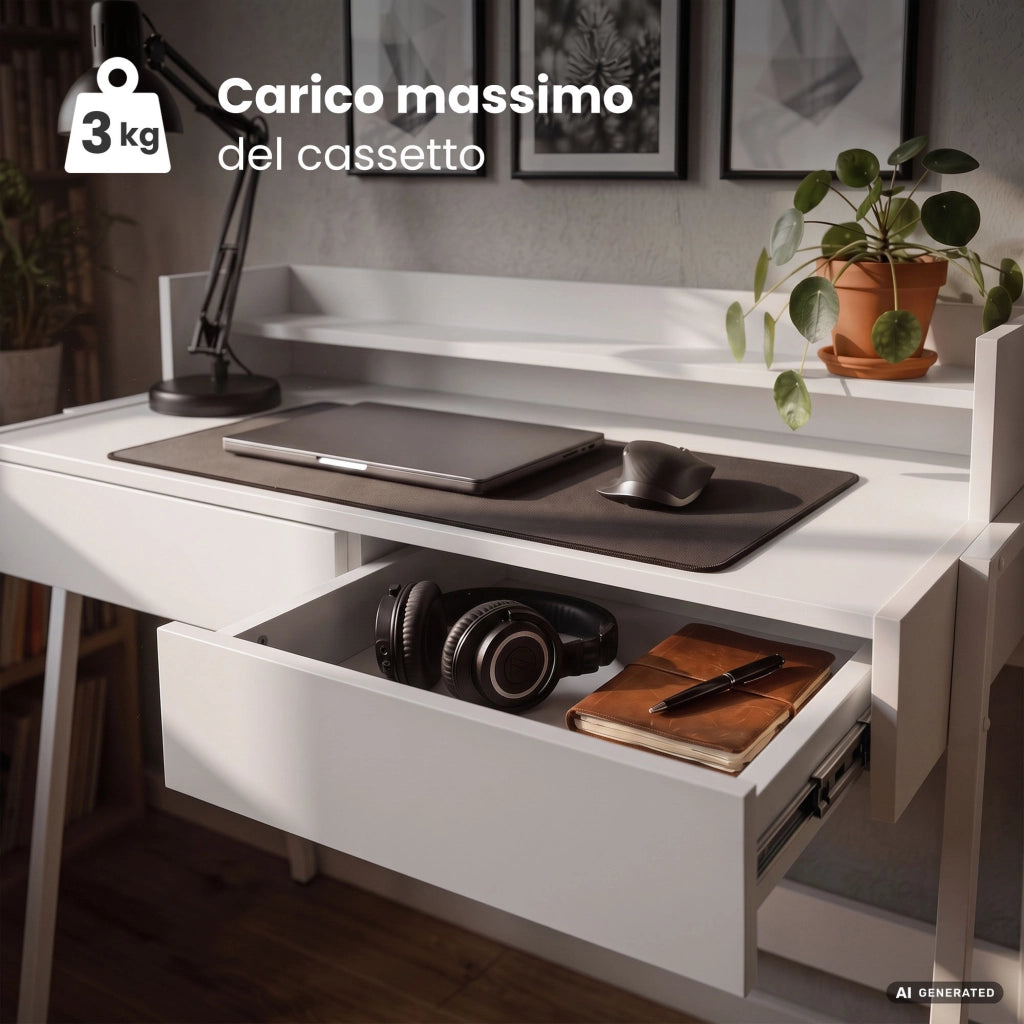 Scrivania industriale per computer Bianca FLUX 78 cm 2 cassetti 1 ripiano gambe bianche