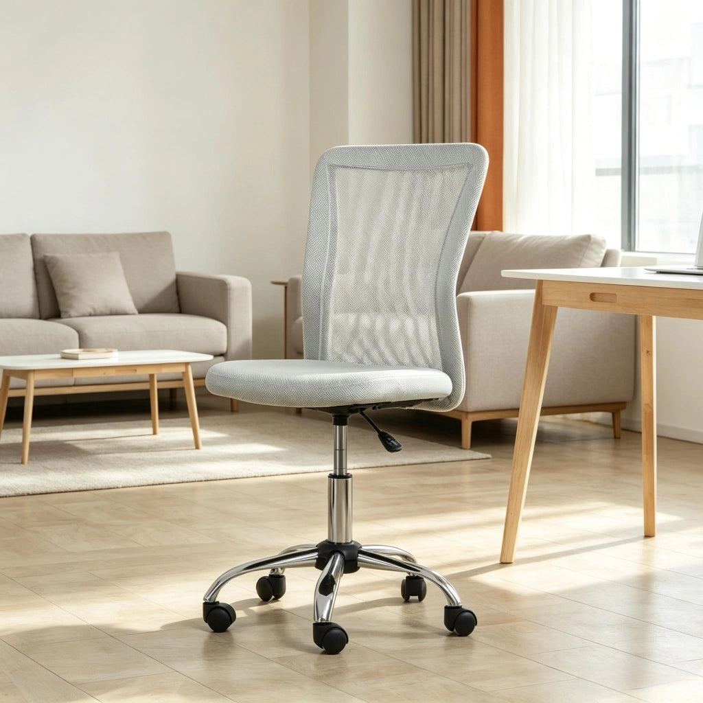 Sedia da Ufficio Girevole Ergonomica senza Braccioli con Altezza Regolabile e Ruote, in Rete e Metallo Grigio