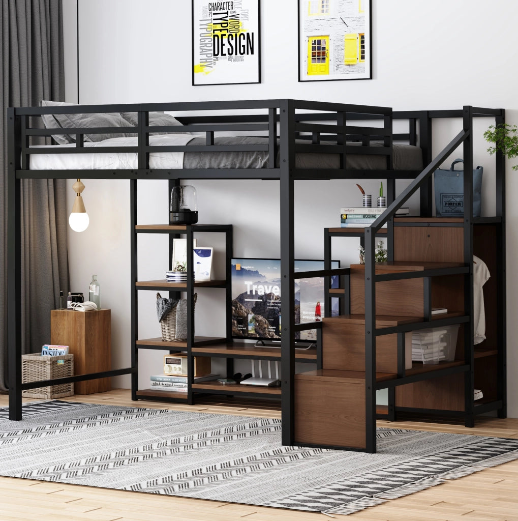 Letto a soppalco 140x200 con supporto TV, presa integrata e scala contenitiva