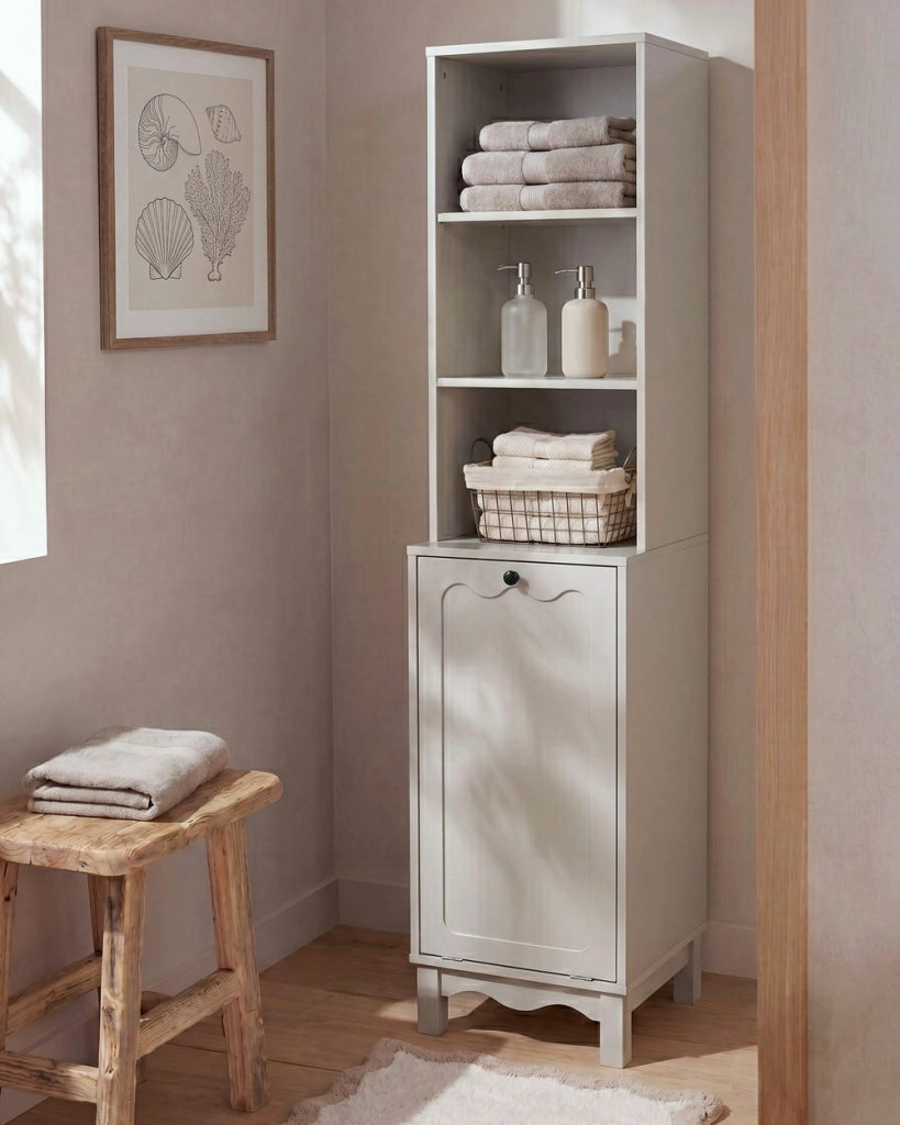 Mobile da bagno con cestino per la biancheria Armadietto in MDF beige chiaro con ripiani Stile tradizionale per il bagno