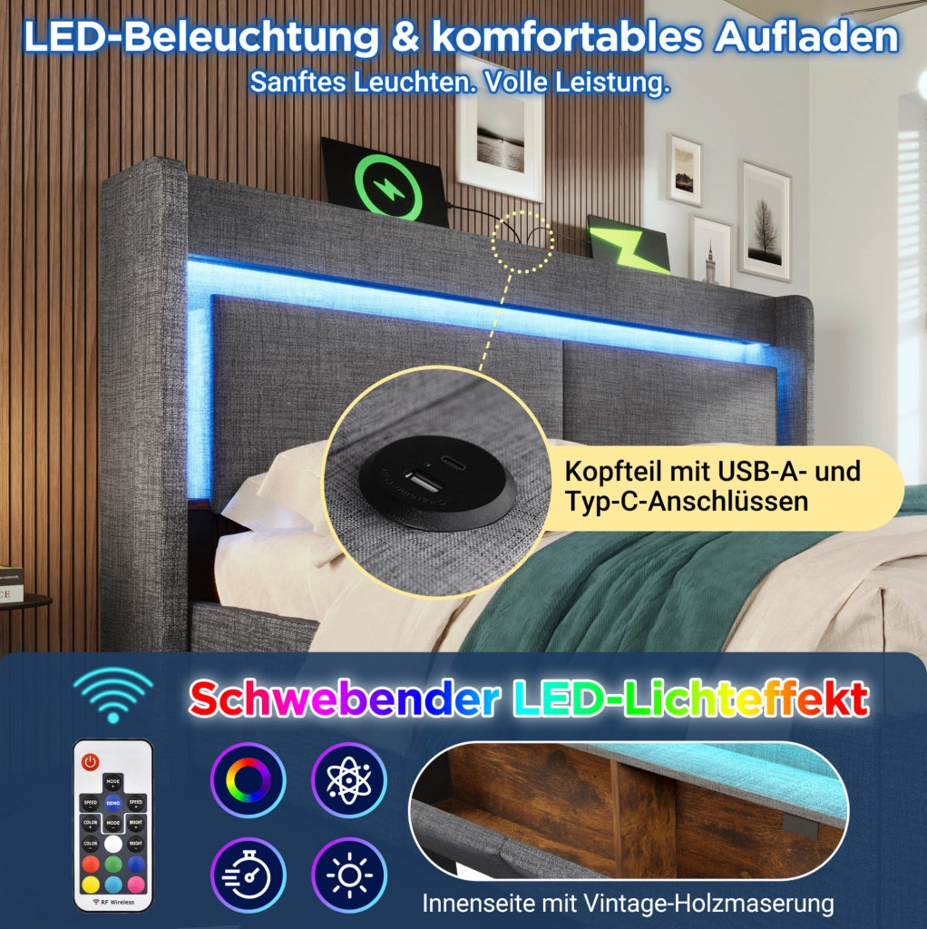 Letto imbottito grigio con testiera multifunzione, contenitore idraulico e LED