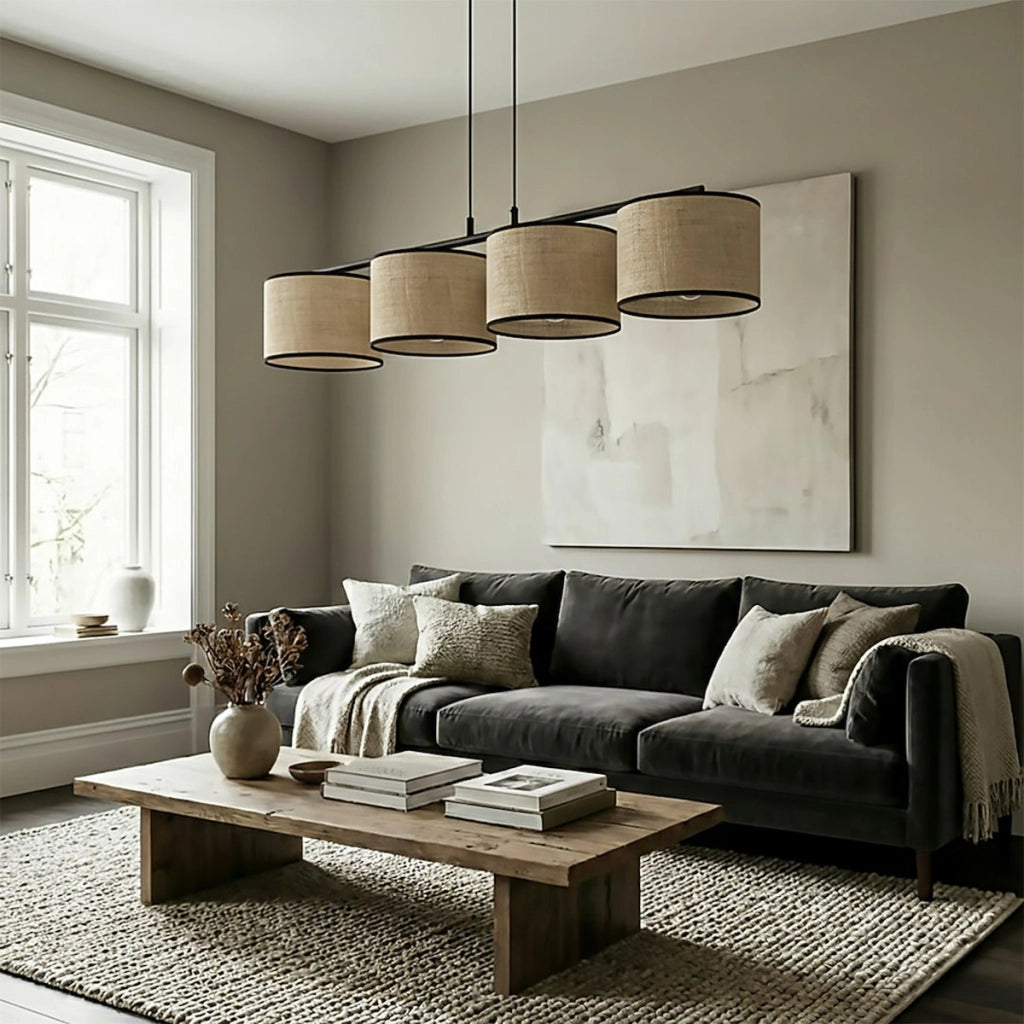 Lampada a sospensione ECO in acciaio nero e rattan