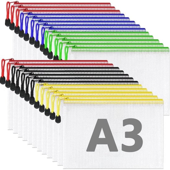Documenti A3 con chiusura, documenti impermeabili, documenti con chiusura, colorati, sacchetto di plastica per documenti, carta e articoli da ufficio, 25 pezzi