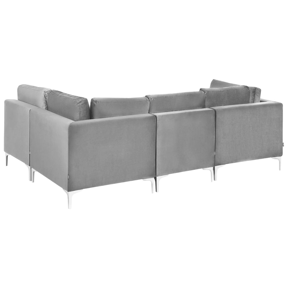 Divano ad angolo componibile versione sinistra a 4 posti in velluto grigio con gambe in metallo argento stile glamour
