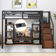 Letto a soppalco 140x200 cm con supporto TV; prese USB; scala di sicurezza e contenitore; metallo e legno nero