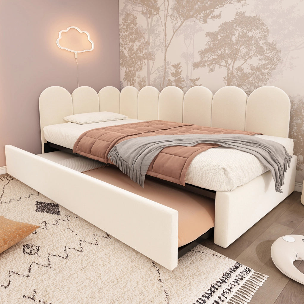 Divano letto per bambini con letto estraibile 90x200 cm in velluto beige