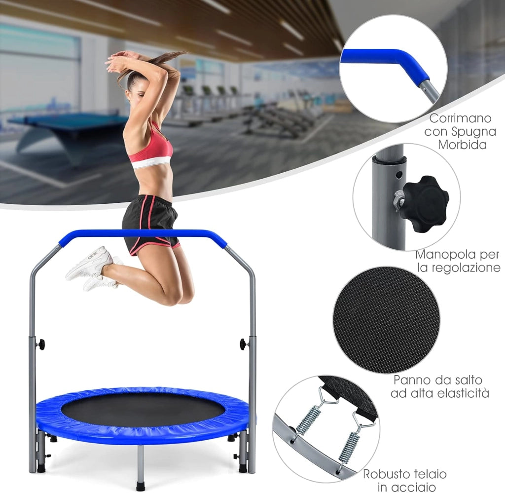 Trampolino per Bambini e Adulti, Tappeto Elastico Pieghevole e Regolabile in 4 Altezze con Maniglia, Capacità di Carico 150 kg
