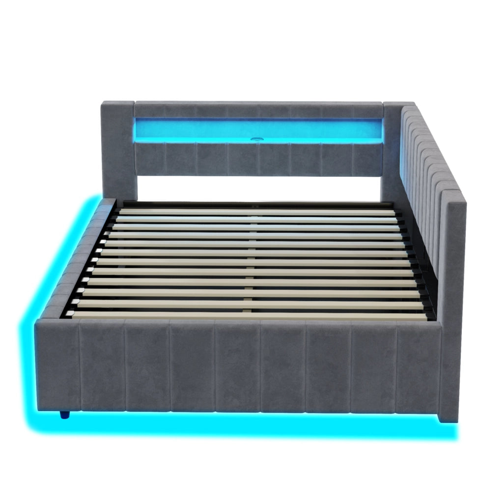 DESMIU Letto imbottito 140 × 200 cm 2 posti con LED, USB e vano contenitore idraulico, senza materasso, in velluto, grigio