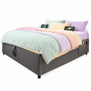 Letto matrimoniale contenitore 140 × 200 cm con USB e Type-C senza testiera in cotone e lino grigio con base in legno