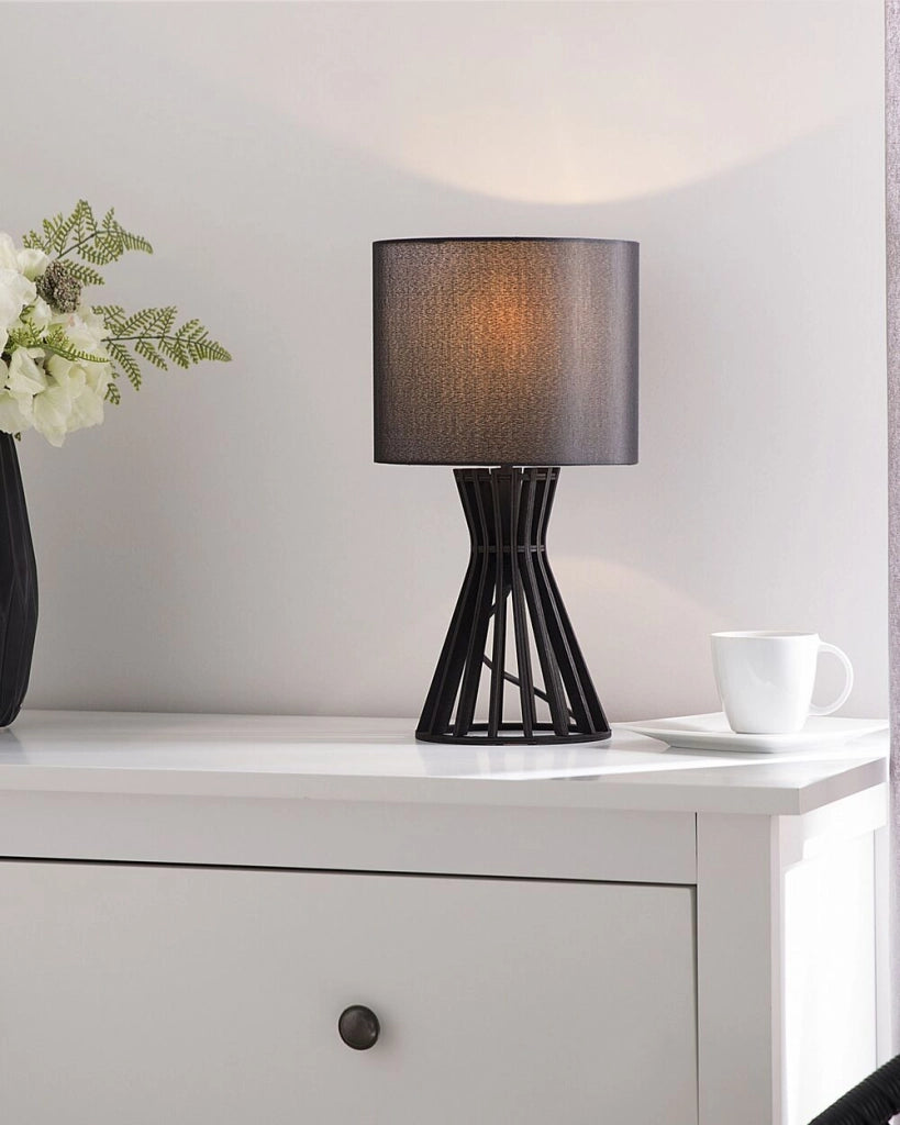 Lampada da Tavolo in Legno Nero e Paralume in Tessuto Contemporanea