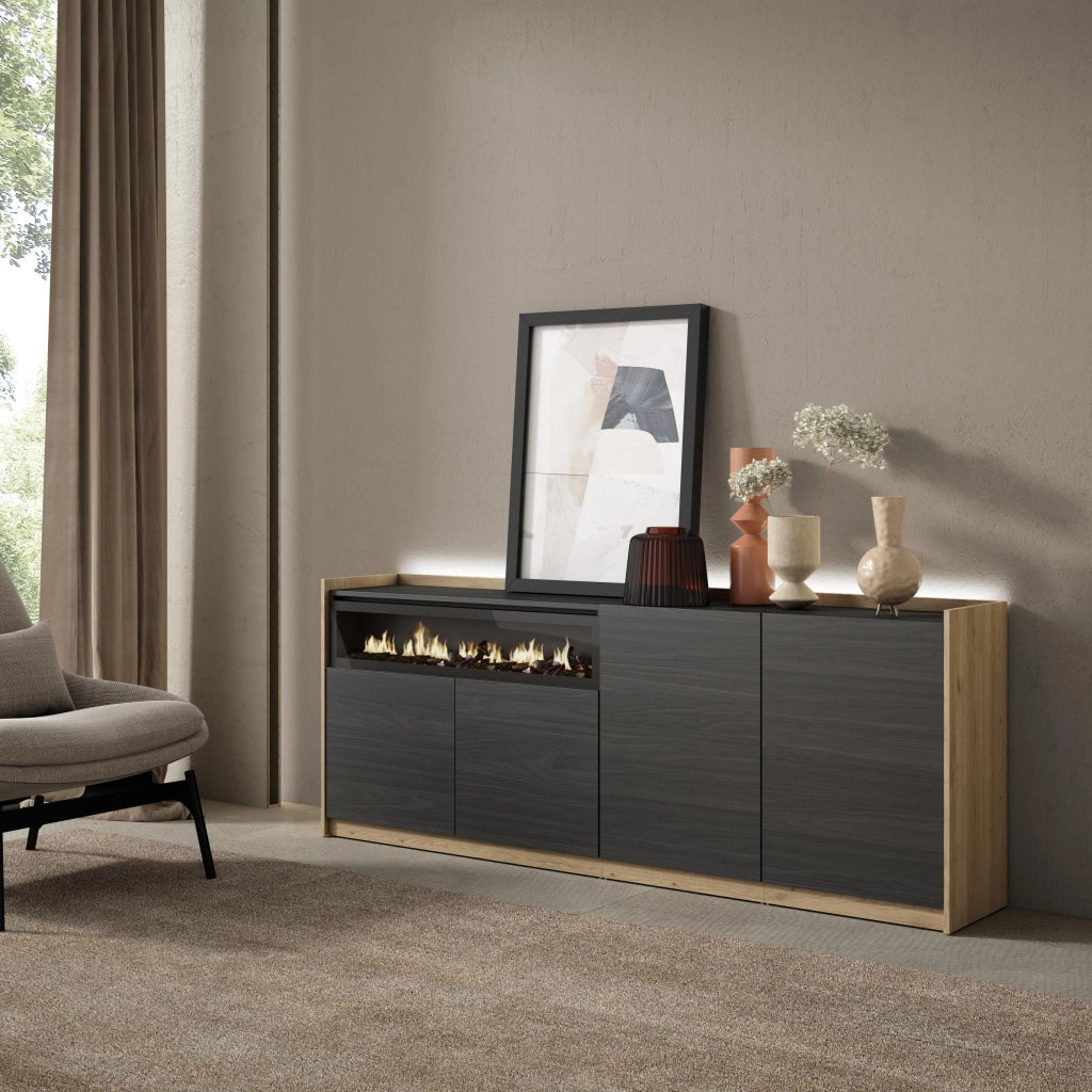 Credenza, Mobile, Cucina, 207x80x37 cm, 4 Porte, Camino elettrico, LED, Nero e rovere