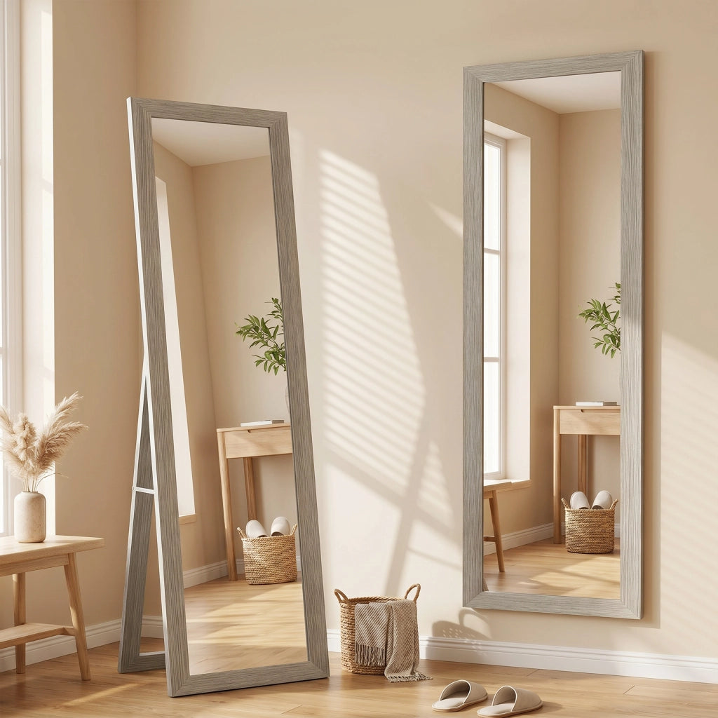 Specchio da terra e da parete rettangolare con cornice in legno grigio per camera da letto e ingresso 37 x 155 cm