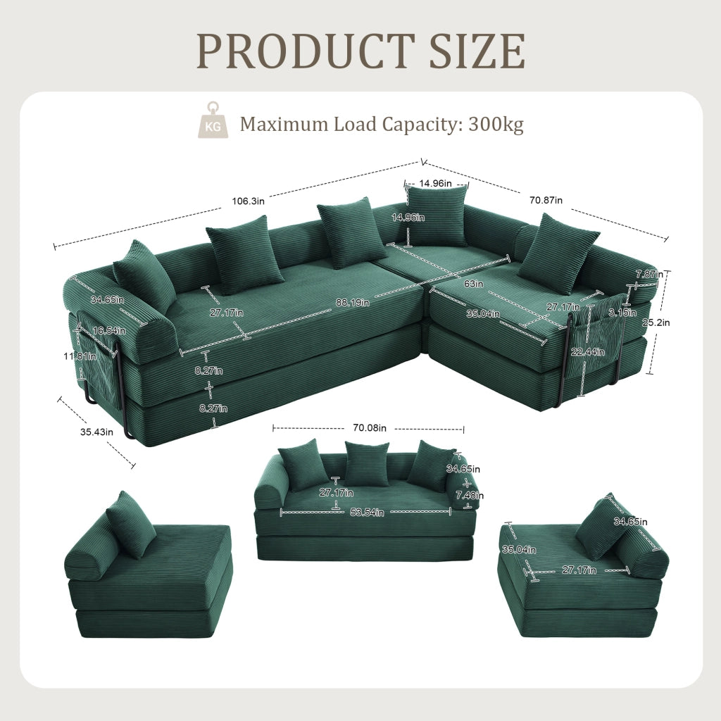 Divano letto modulare in velluto a coste con elementi indipendenti e tasca laterale 270 × 180 × 64 cm
