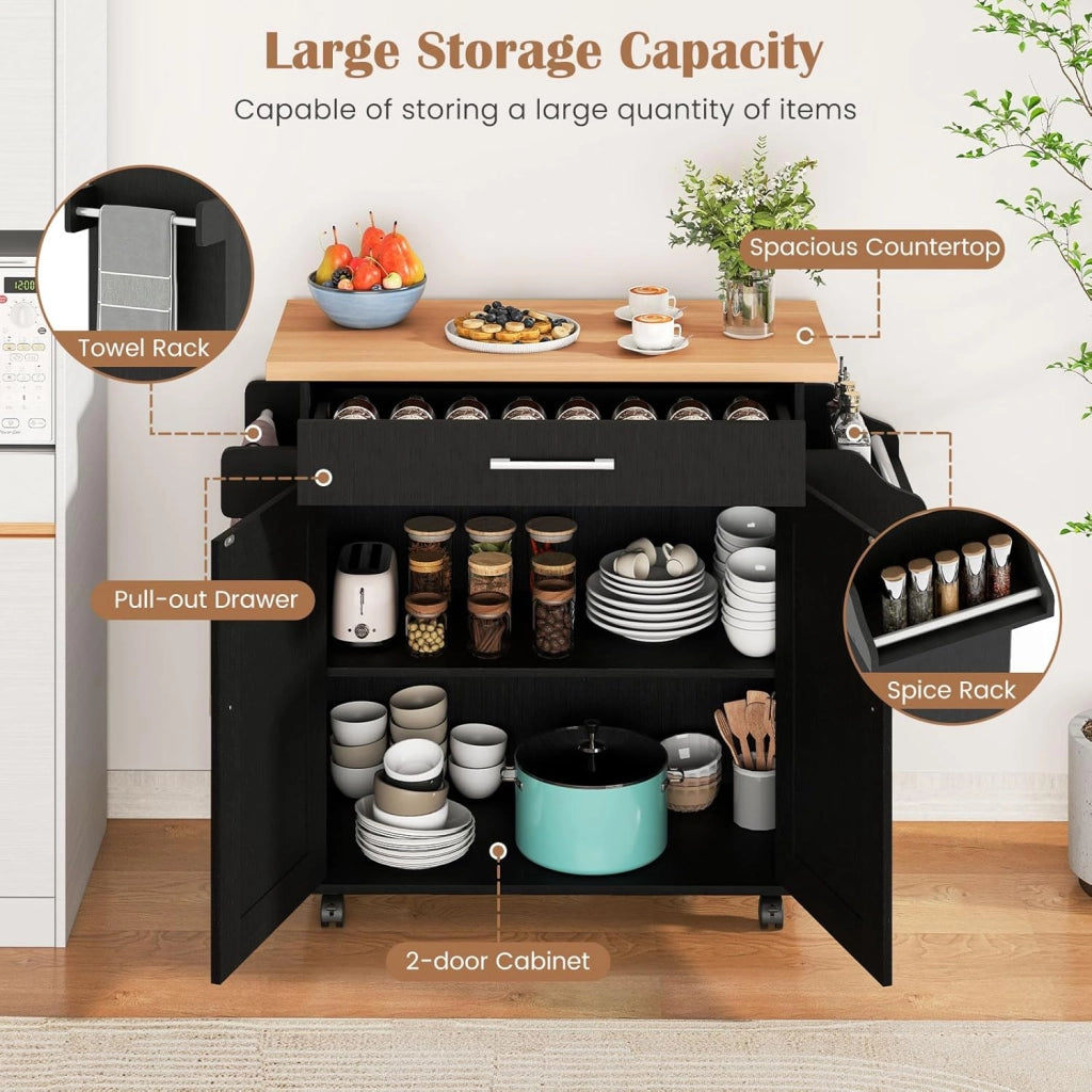 Carrello da Cucina Isola Mobile con Piano di Lavoro, 111 x 40 x 90 cm, in Legno, con Cassetto e Ruote