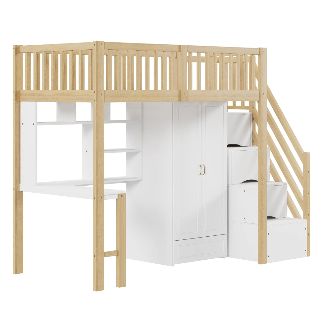 OKWISH Letto a Soppalco 90×200 cm, Letto Singolo con Scala con Cassetti, Armadio, Scrivania e Mensole, senza Materasso, Legno