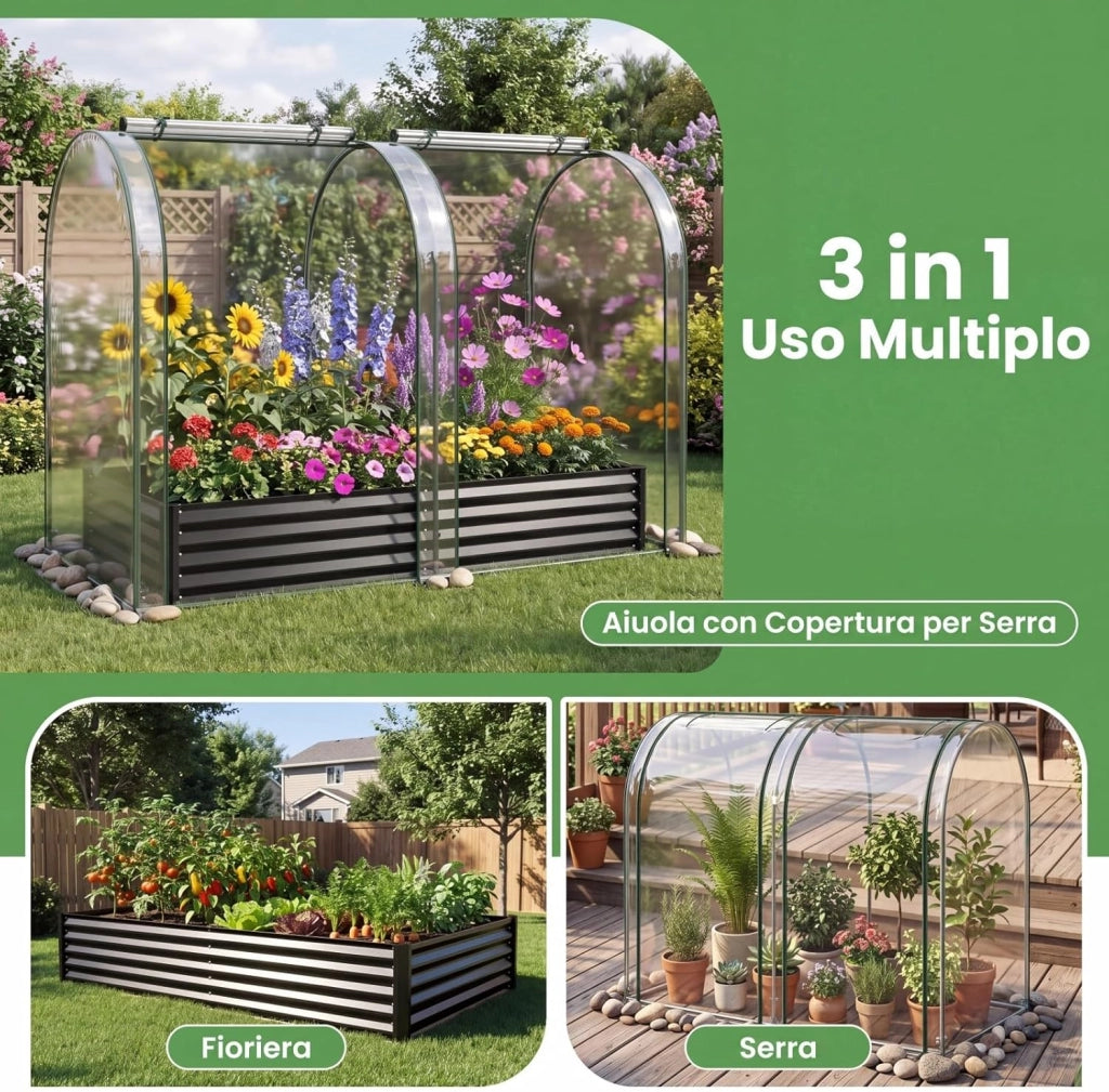 Orto Rialzato da Giardino con Serra, Fioriera da Esterno in Metallo con Copertura Apribile in PVC, Letto Rialzato da Esterno per Giadino, Cortile e Balcone 198 x 100 x 145 cm (Nero)
