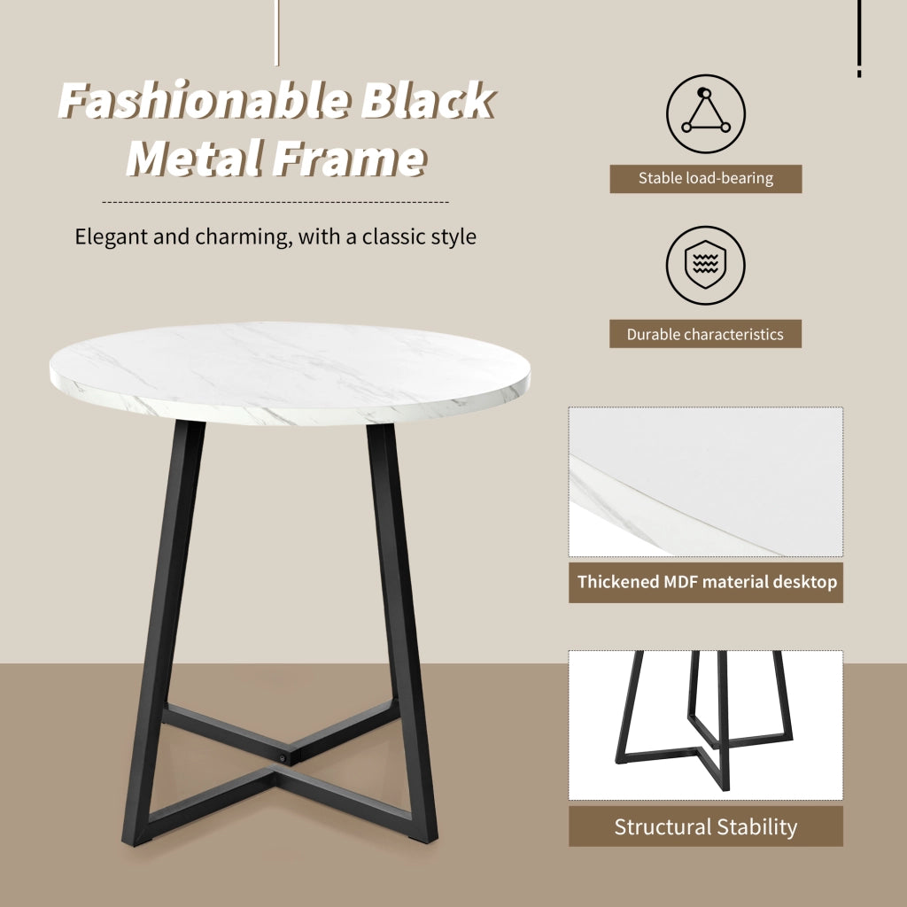 Tavolo da Pranzo Rotondo con Piedini Regolabili; Finitura Effetto Marmo; in MDF e Metallo; 80 x 80 x 75 cm; Bianco