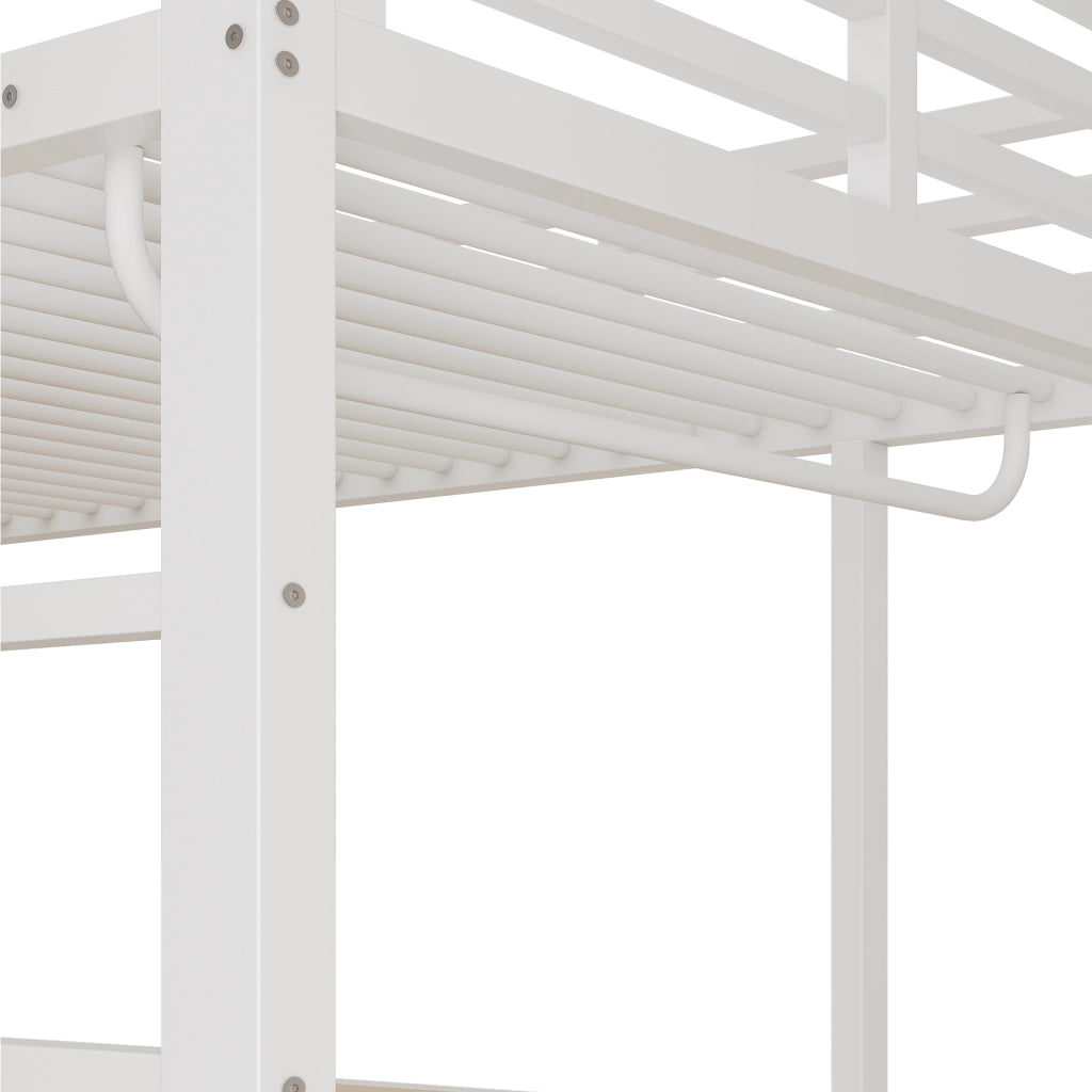 Letto a soppalco 90×200 cm con scrivania; guardaroba; ripiani e vani portaoggetti; senza materasso; metallo; bianco