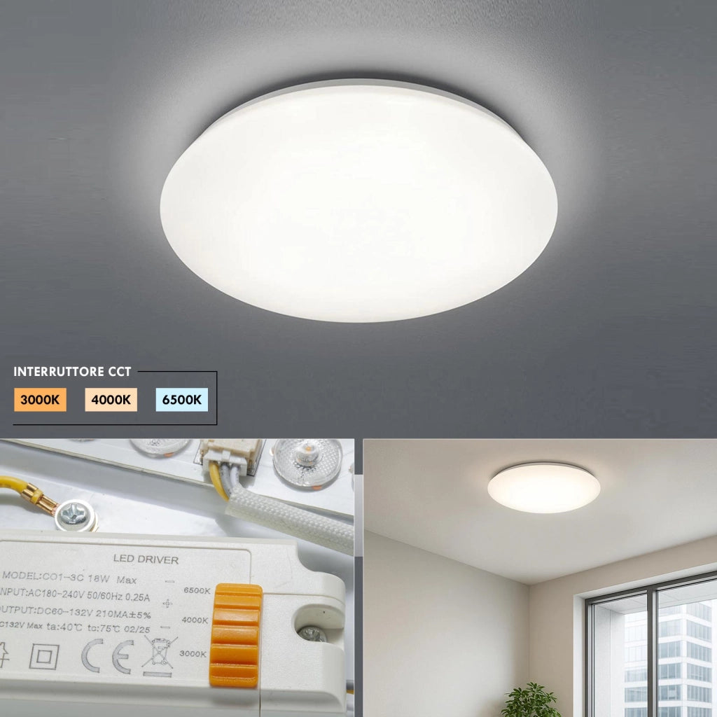 Plafoniera moderna LED CCT 18W da 3000K a 6500K lampada da soffitto parete luce camera da letto cucina ufficio 1620 lumen