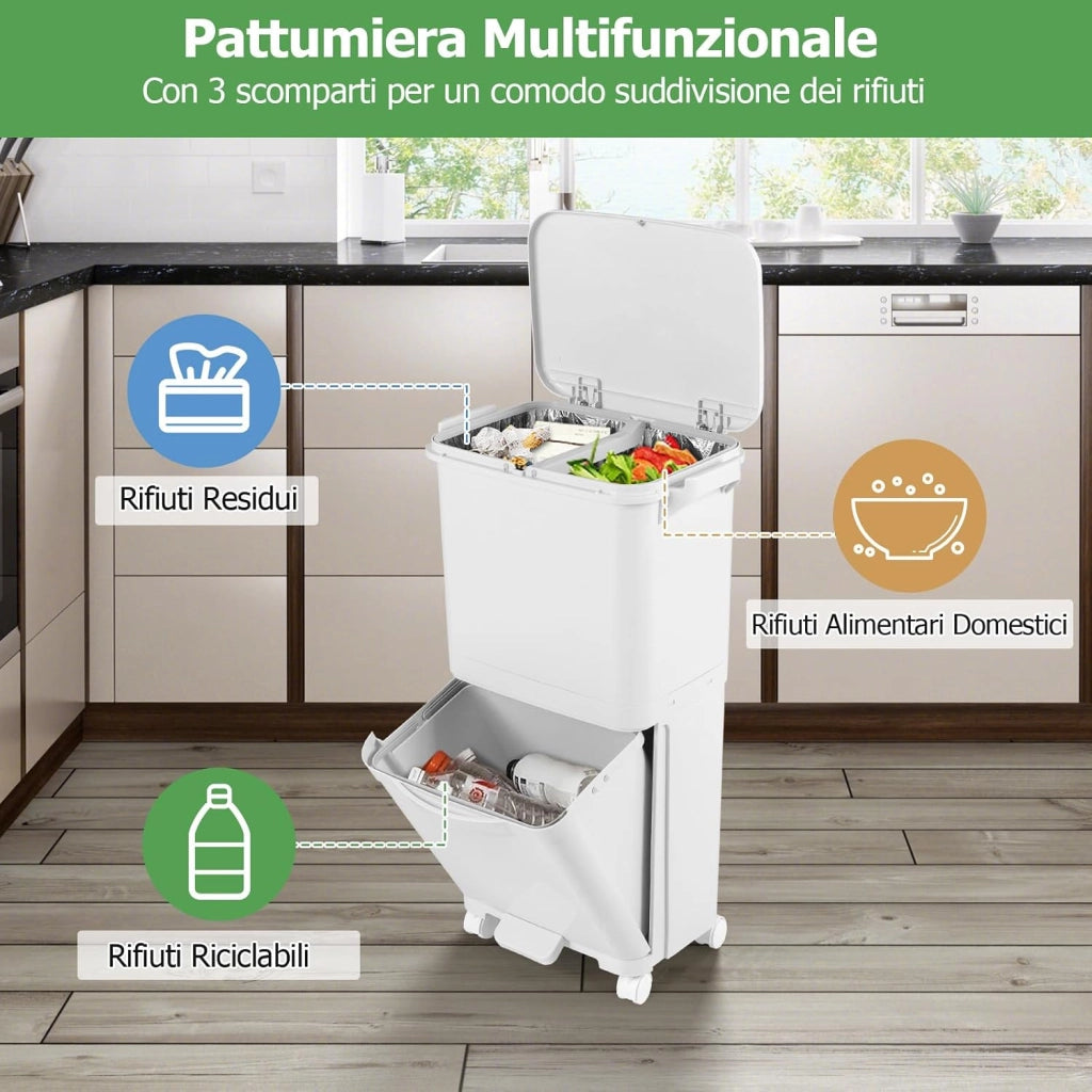 40L Pattumiera Differenziata a 3 Scomparti, Bidone per Spazzatura con Cestino Rimovibile, 4 Ruote, Secchio Rifiuti in Plastica a Pedale per Cucina Sala da Pranzo Soggiorno