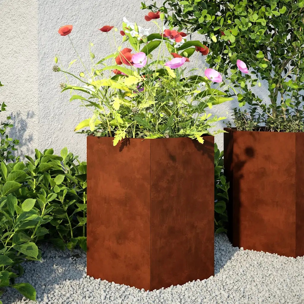 2 pz Fioriere | Cassetta per fiori | Vaso da Giardino Esagono 46x40x45 cm in acciaio corten