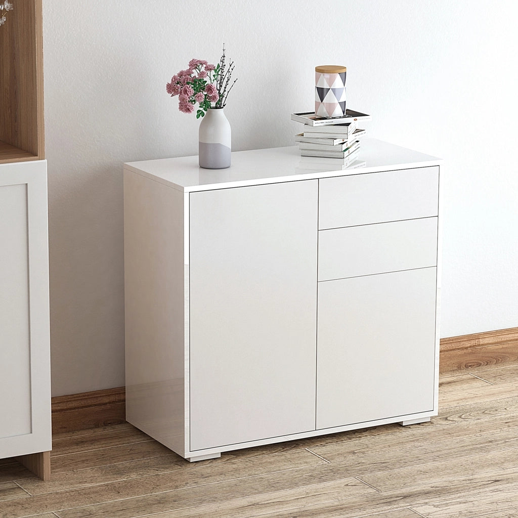 Mobiletto 2 Cassetti e 2 Ante, Apertura a Pressione, Mobile con 2 Cassetti e 2 Ante per Casa e Ufficio, 79x36x74cm, Bianco Opaco