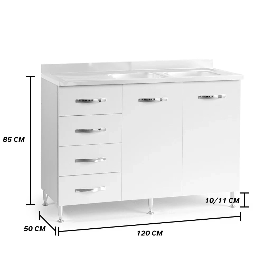 Sottolavello per cucina componibile da 120 cm con due ante e 4 cassetti, vasche a Destra realizzata in legno 100% MADE IN ITALY colore Bianco Frassino
