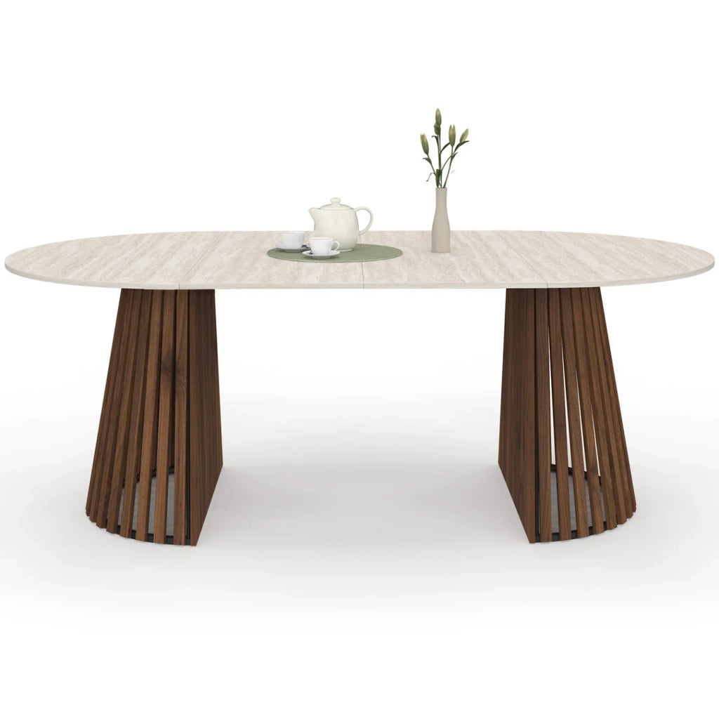 IDMarket - CARMEN tavolo da pranzo rotondo allungabile 4-10 persone con gambe a doghe in noce e piano effetto travertino 110-200 cm