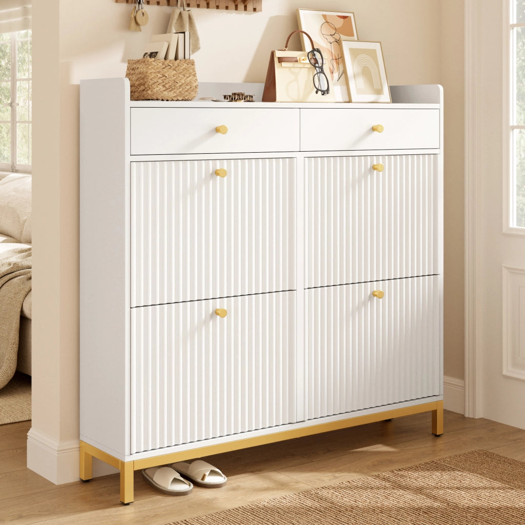Scarpiera salvaspazio con 4 ante ribaltabili, 2 cassetti, struttura in pannello truciolare bianco, 106,5 x 25 x 107 cm