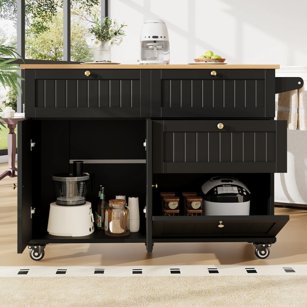 Carrello da Cucina con Piano Ribaltabile; Ruote e Piedini Regolabili; in MDF; Nero; 133 x 37;3 x 88 cm