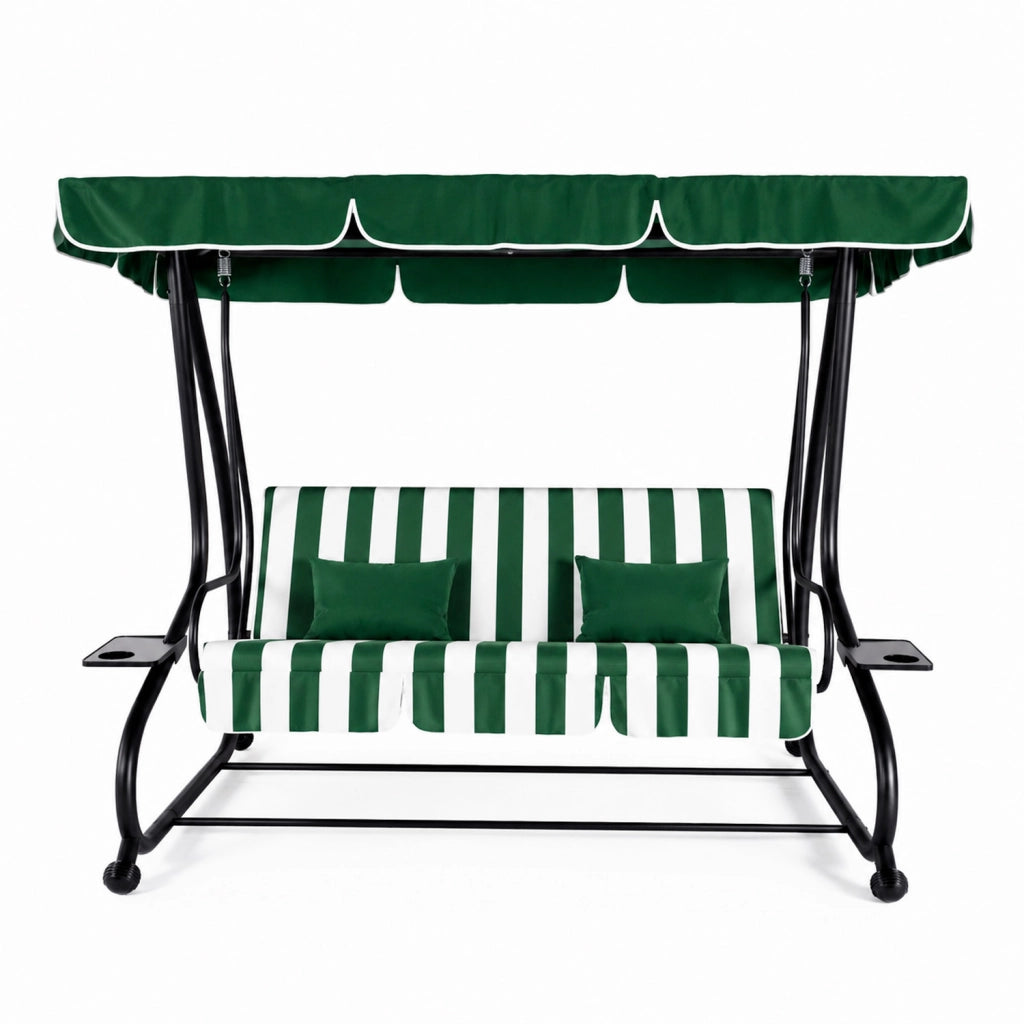 Dondolo Da Giardino 3 Posti Schienale Regolabile Tetto Ombreggiante Cuscinatura Comfort Imbottita Convertibile In Letto Per Esterno Balcone Patio 200 x 120 x 160 Cm Verde E Bianco
