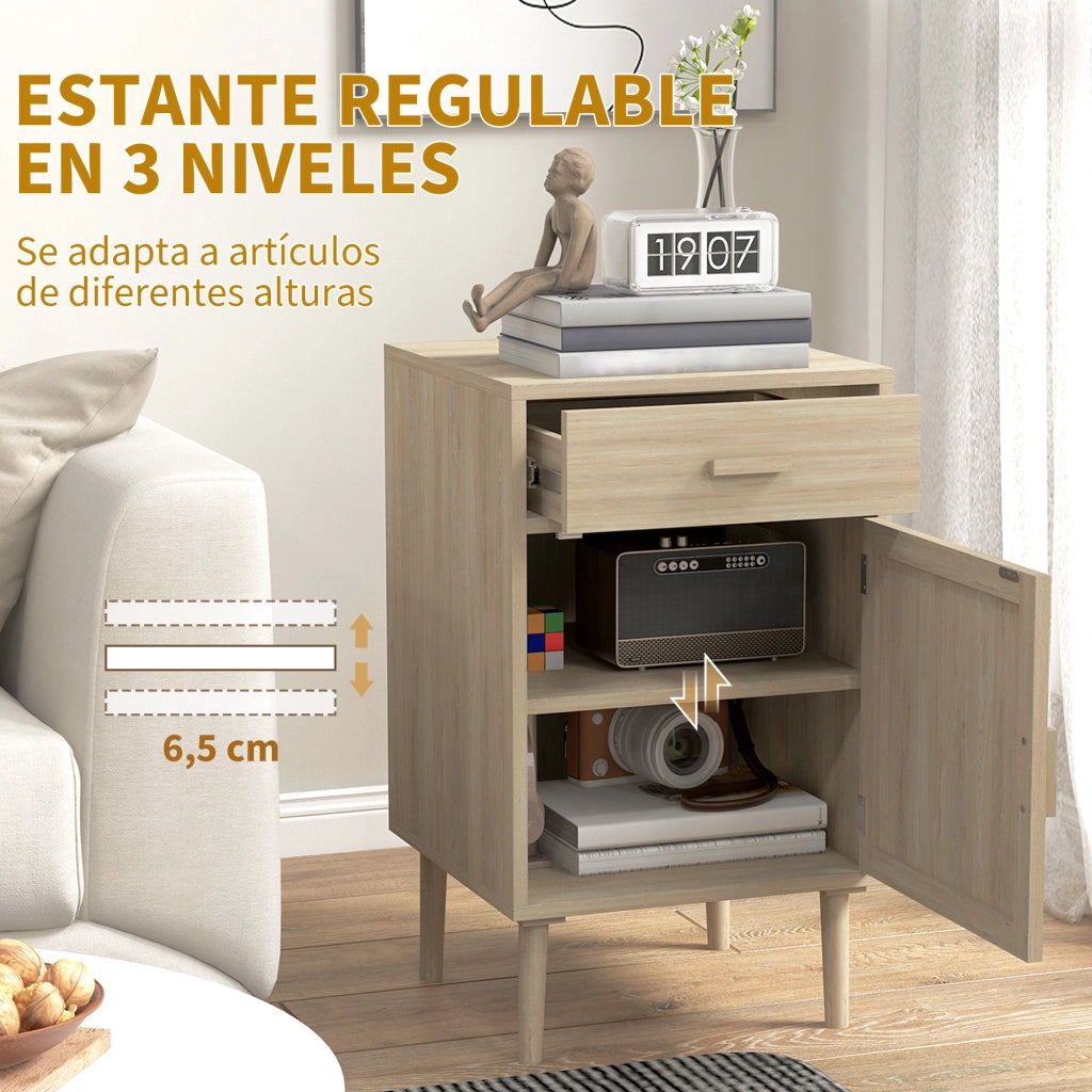 Tavolino da Notte con Cassetto ¨C zephmum ¨C Rattan, Legno Rovere, 40x40x68,5 cm