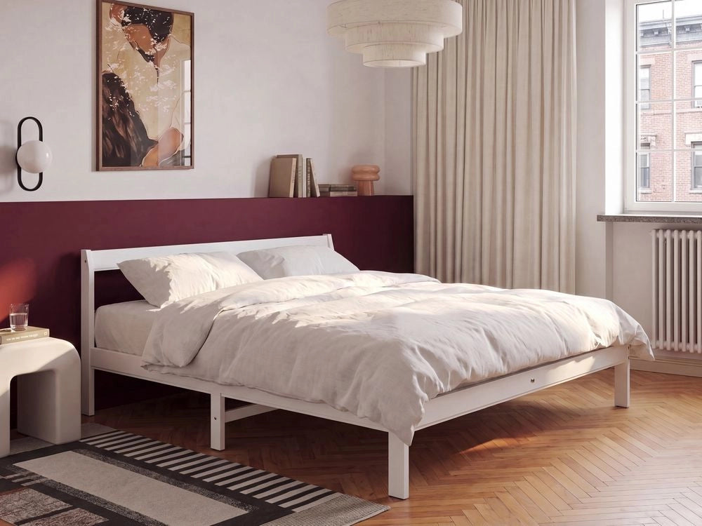 Letto matrimoniale in legno di Pino bianco con Rete a Doghe 160 x 200 cm stile minimalista
