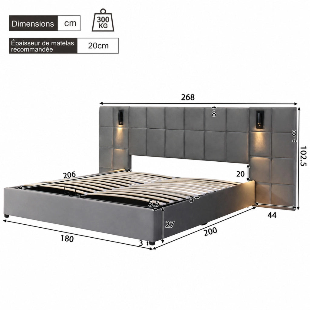 DESMIU Letto contenitore Letto Matrimoniale con vano idraulico, USB e lampada da lettura 180 × 200 cm senza materasso
