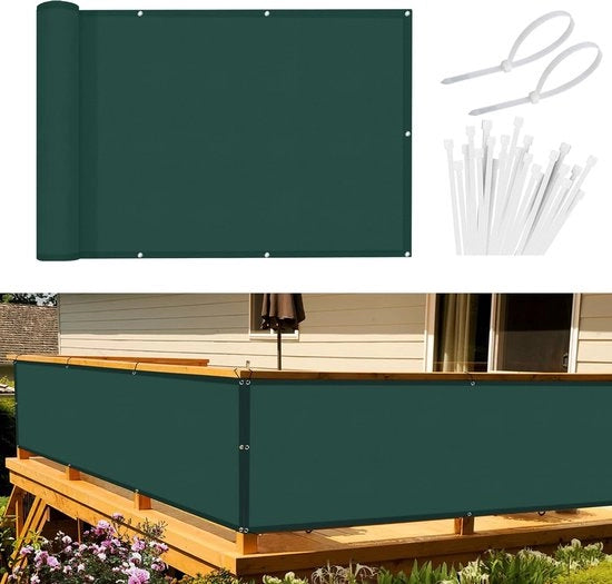 Schermo per balcone, protezione da veduta, copertura per balcone, 90 x 300 cm, schermo per vento, opaco, rivestimento per balcone, PES 170 g/m², protezione dal vento e UV, con fissaggi e cavi, colore verde