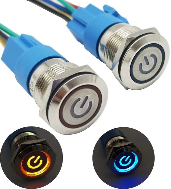 2 pezzi di interruttore a LED con pulsante metallico a pressione IP67 in acciaio inossidabile 12 V LED Angel Eye per montaggio a 16 mm (blu + rosso)
