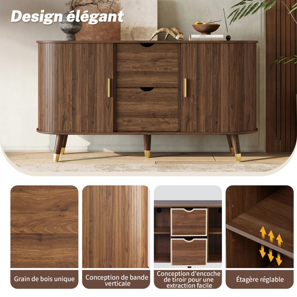 Credenza con 2 Ante Scorrevoli e 2 Cassetti; Angoli Arrotondati; Stile Moderno; in MDF; 140×40×79;5 cm; Noce