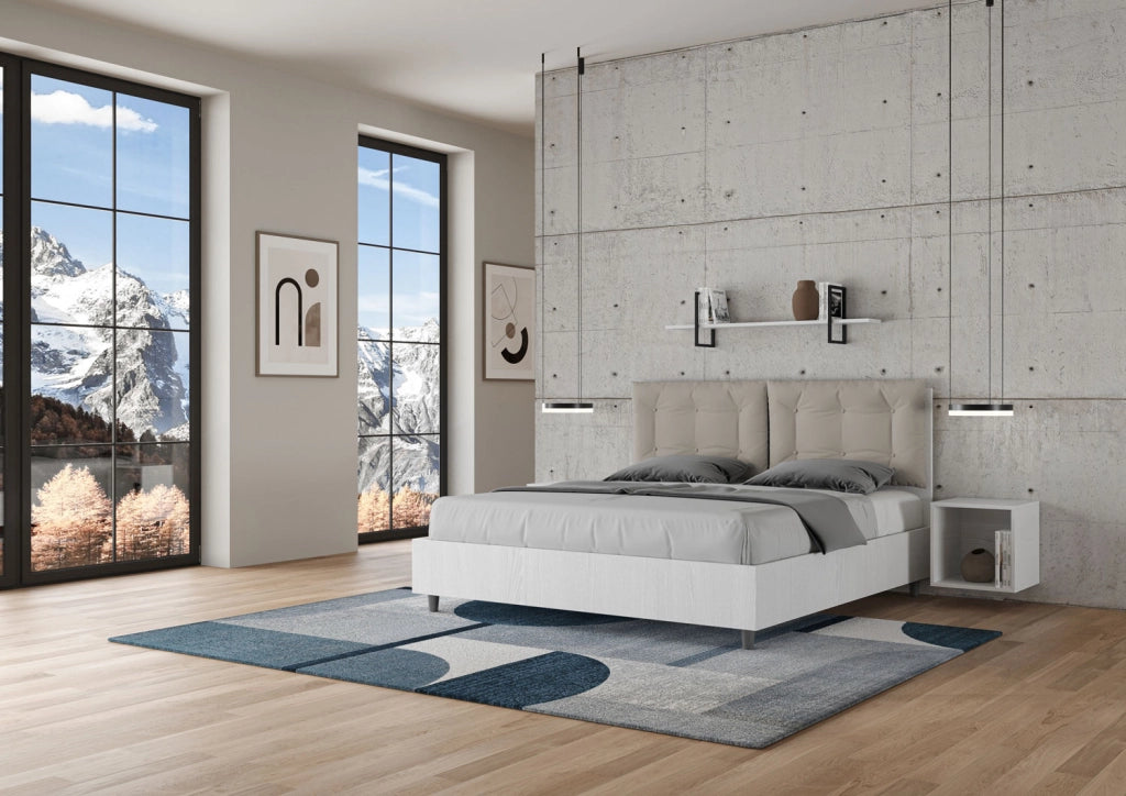 Letto Matrimoniale 160x200 cm con Rete e Contenitore Alzata Comoda Struttura Bianco Frassico con Cuscini in Similpelle