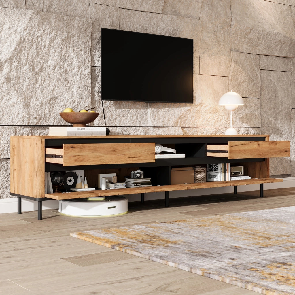 Mobile porta TV con 2 cassetti, 2 ante e passacavi, per soggiorno, in MDF e metallo, nero e naturale, 180 × 40 × 52 cm