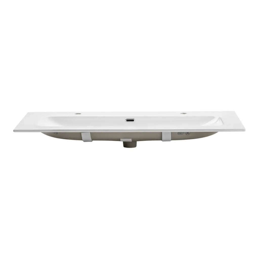 Lavabo incasso LARGO 120 cm in ceramica bianca lucida doppio rubinetto