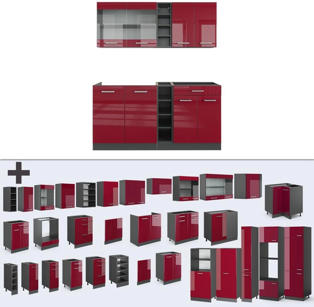 Cucina completa R-Line, Rosso lucido/antracite, 160 cm senza piano di lavoro, adatto per l'espansione individuale con moduli aggiuntivi