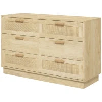 Cassettiera 6 Cassetti Stile Boho per Camera e Ingresso in Legno e Rattan, 110x40x69 cm, Rovere