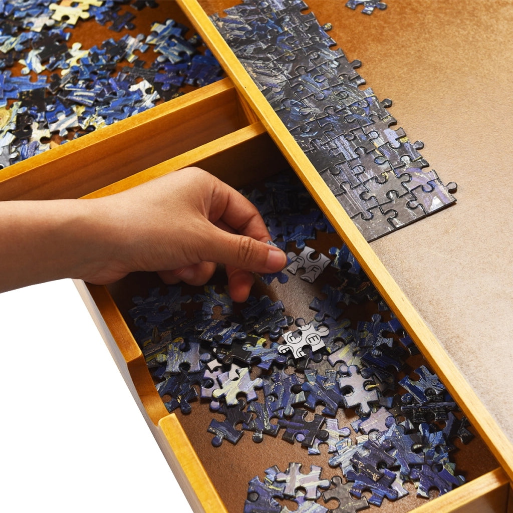 Tavolo di legno per puzzle 80 x 65 cm, Tavolo per puzzle con superficie liscia e 4 cassettii