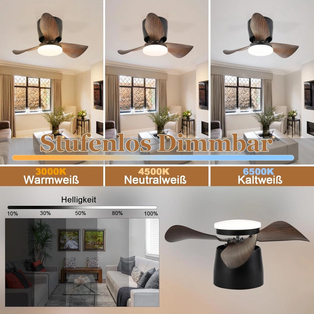 ZMH Ventilatore da soffitto nero con illuminazione e telecomando silenzioso dimmerabile 23W con ventola 70CM