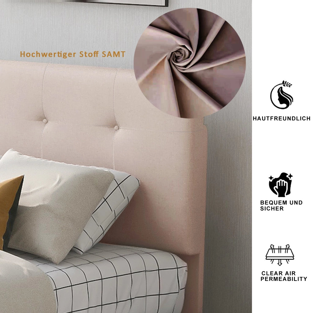 Letto imbottito in velluto con 2 cassetti, 90x200 cm, beige scuro