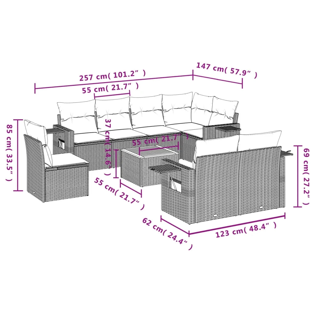 Set Divano da Giardino 9 pz con Cuscini Beige Misto Polyrattan 3256990