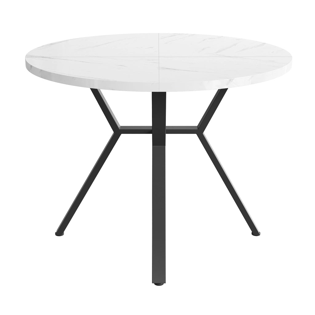 Tavolo da pranzo rotondo con piano effetto marmo e base in metallo a x per sala da pranzo