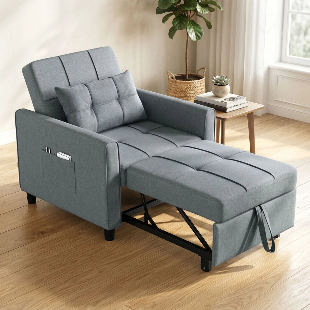 Divano Letto Pieghevole Convertibile 69x82x85 cm con Schienale Regolabile e Cuscino in Tessuto Effetto Lino Grigio